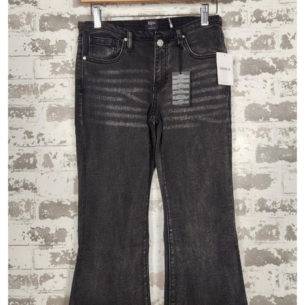 Forever 21 Bratz Flare Jeans 25 Black Y2K Rhinestone Logo Distressed Raw Hem - Picture 2 of 16